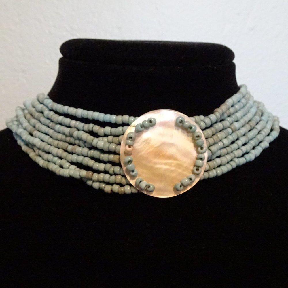 Beaded choker with mother of pearl disc